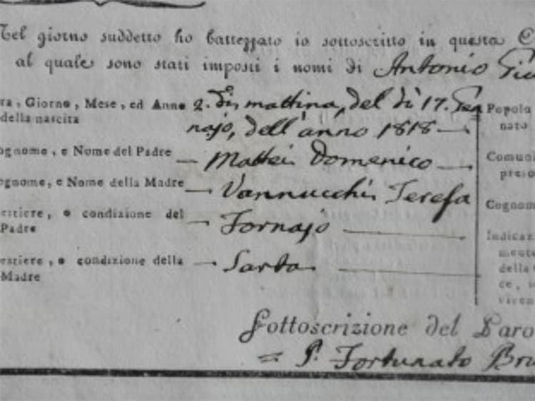 Certificate of baptism Antonio Giuseppe Baldassar Mattei