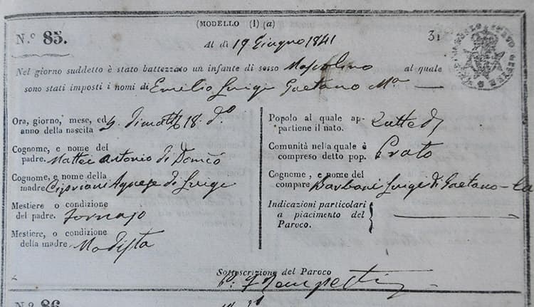 Certificato di Battesimo di Emilio Mattei